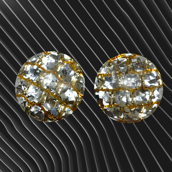 Vintage 1980's Metallic Flake Acrylic Domed Huge Earrings Clip On Runway Couture - Picture 1 of 5